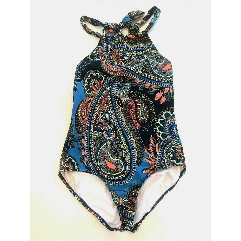 Plus Size High Neck One Piece Swimsuit Navy Blue Paisley Print Women's Plus 16 W